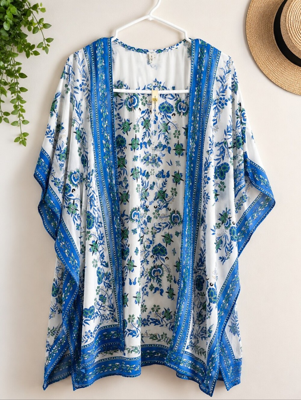 Max Studio White Floral Border Kimono in Blue & Green
